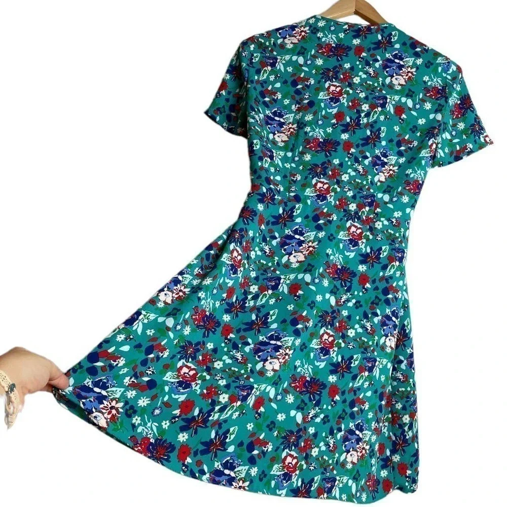🍀J Crew Teal Floral Flutter Sleeve Wrap Dress Women’s Size 4